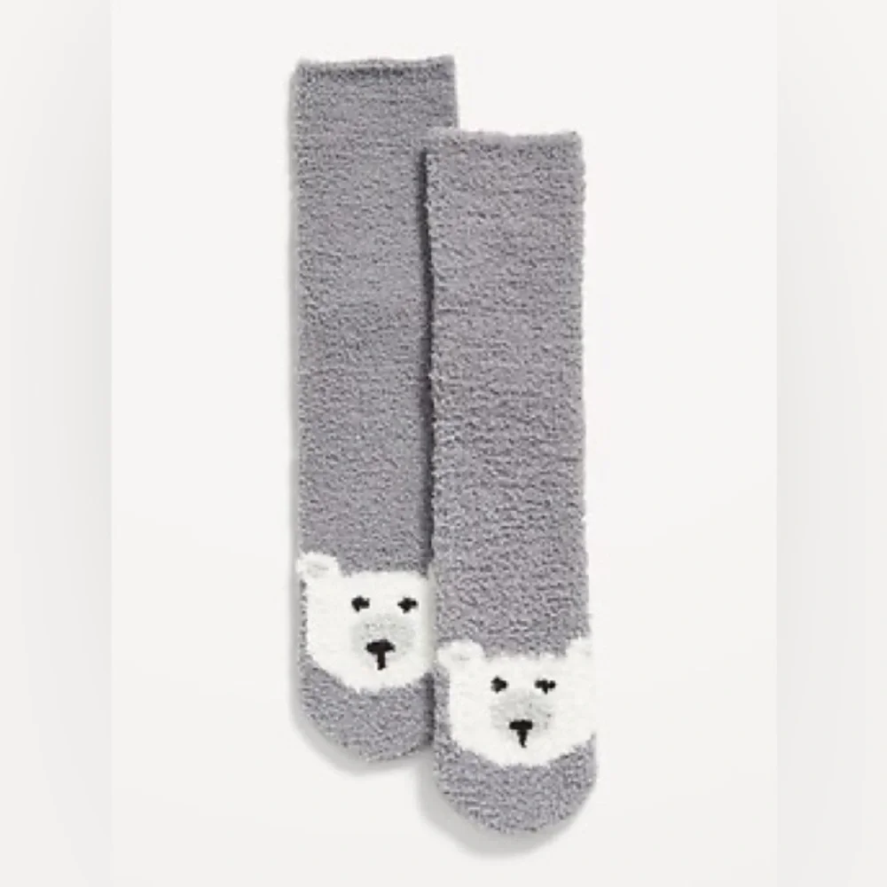 Old Navy Men’s Cozy Plush Chenille Fuzzy Tall Socks Gray Polar Bear NWT One Size